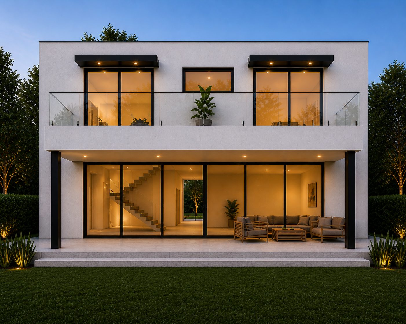 Rear of the house at dusk - sliding glass doors open to the yard