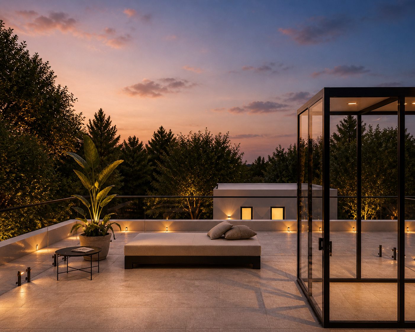 Rooftop deck at sunset, with daybed and glass-walled stair pavilion