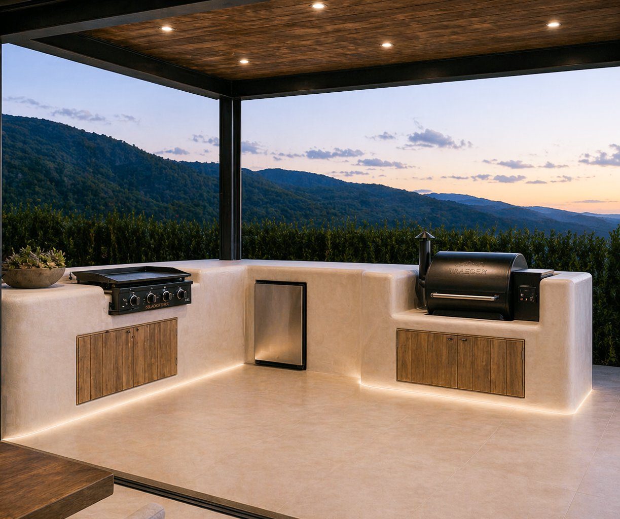 Outdoor kitchen at dusk overlooking the foothills