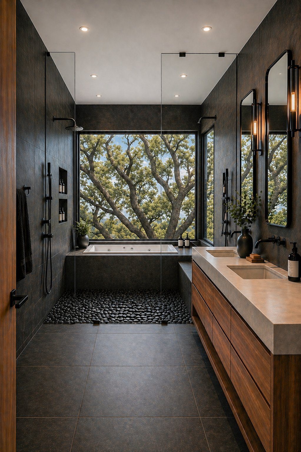 Primary bathroom - soaking tub framed by oaks